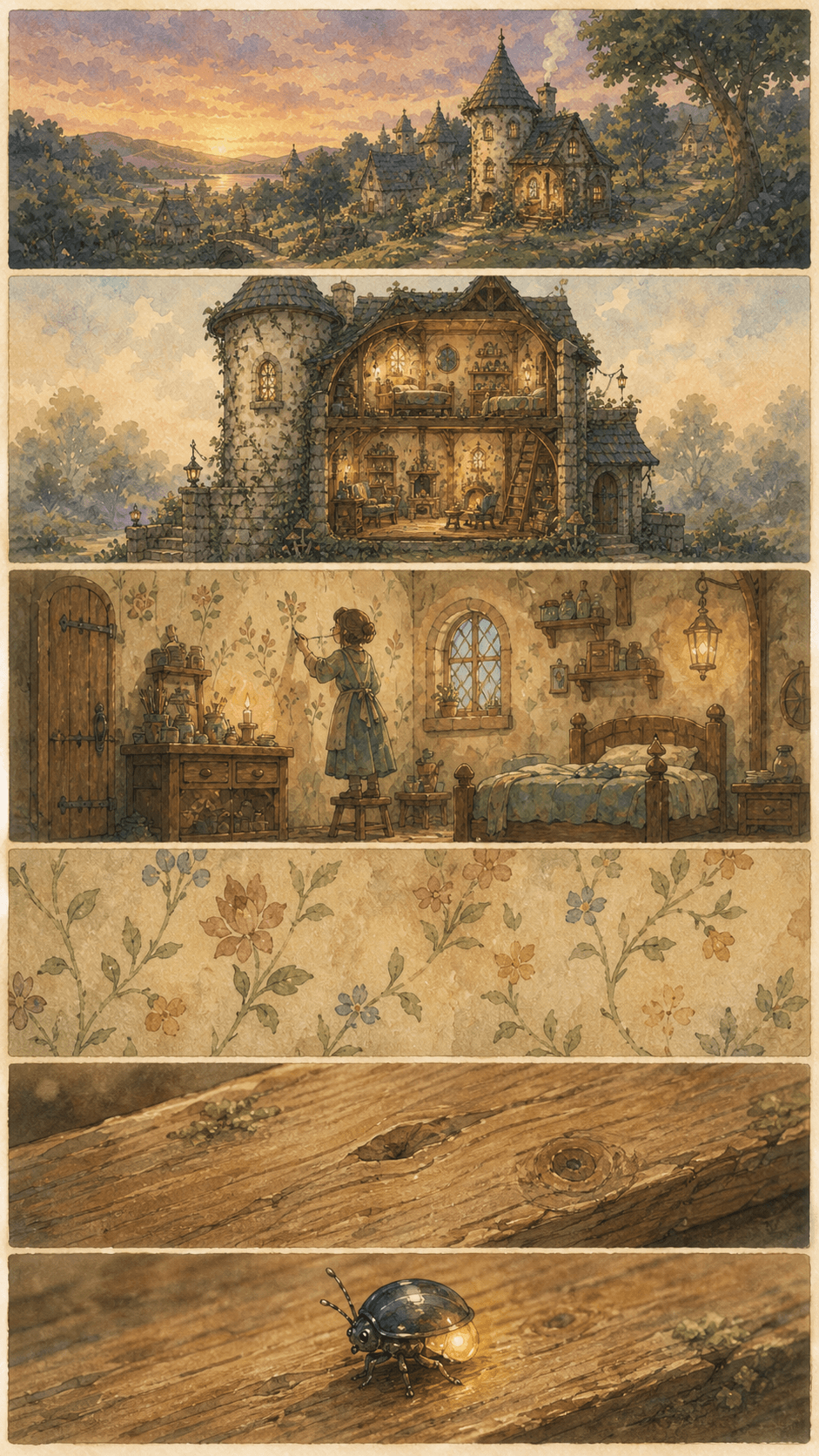 Six zoom levels: neighborhood → building → room → object → microcosm